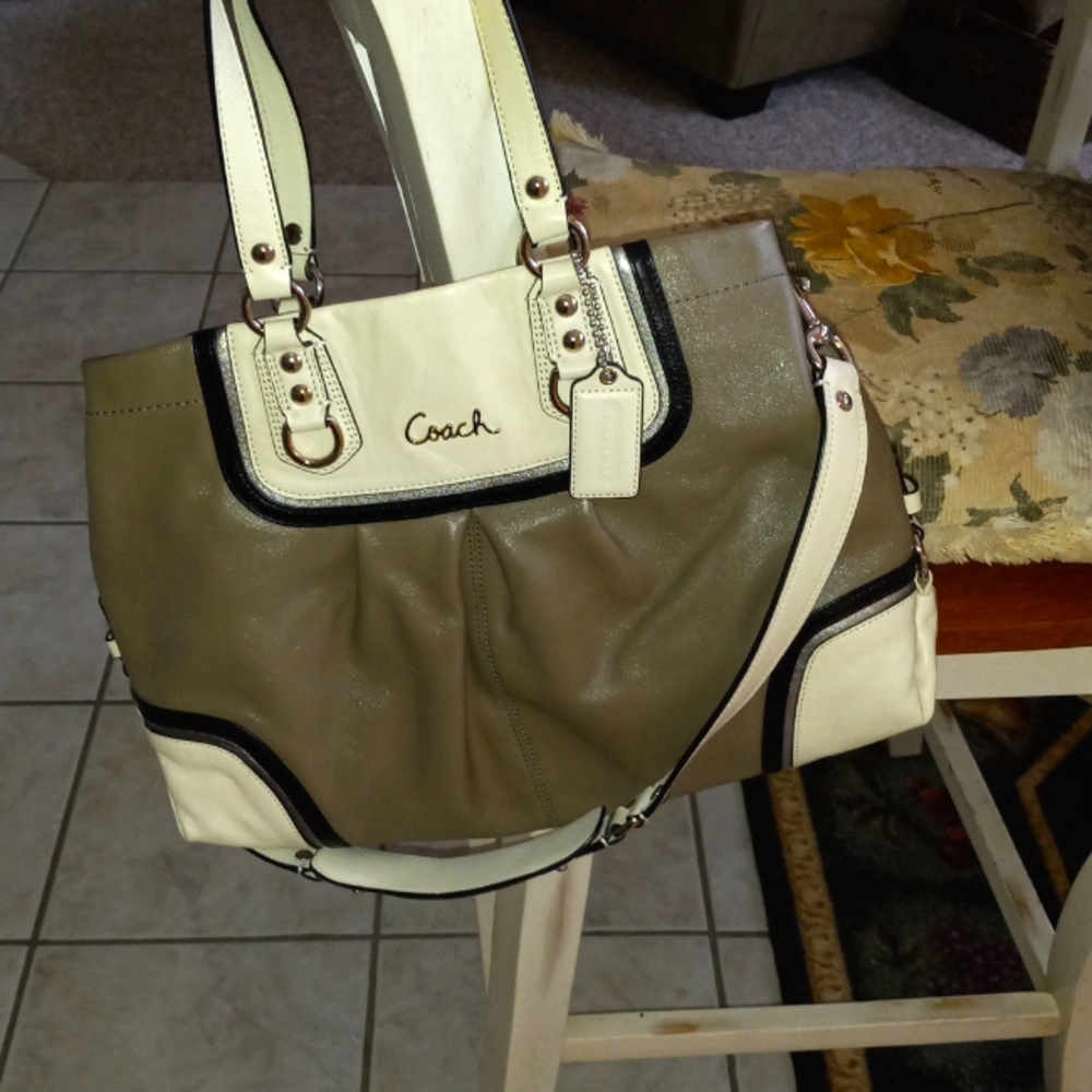 Coach handbag, taupe and cream with black and silver.  All leather.